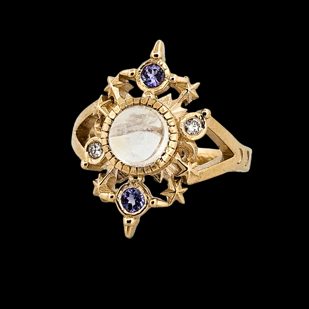 Collection of Alignement Ring - Gold, Rainbow Moonstone, Tanzanite and Diamond in a gallery layout