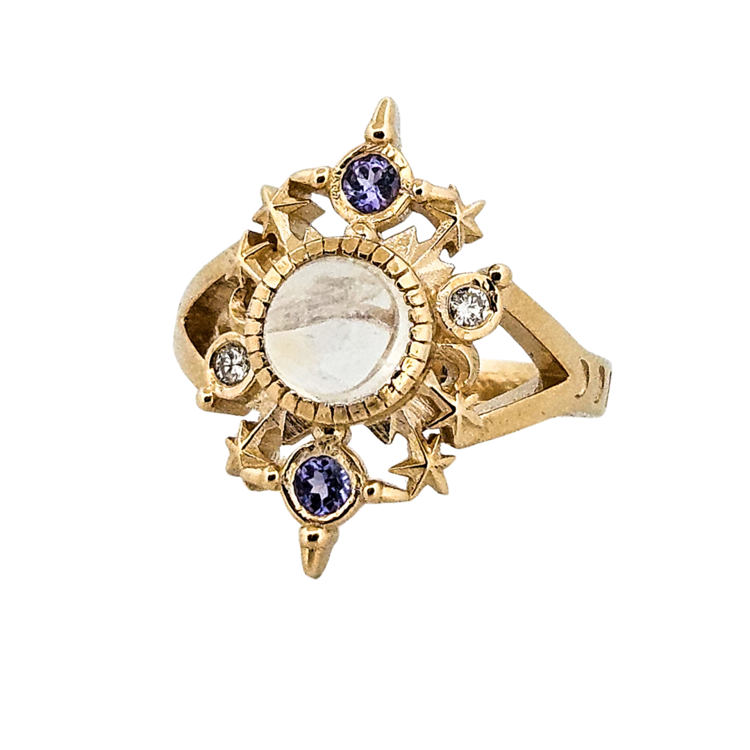 Collection of Alignement Ring - Gold, Rainbow Moonstone, Tanzanite and Diamond in a gallery layout