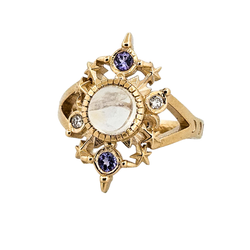 Collection of Alignement Ring - Gold, Rainbow Moonstone, Tanzanite &amp; Diamond in a gallery layout