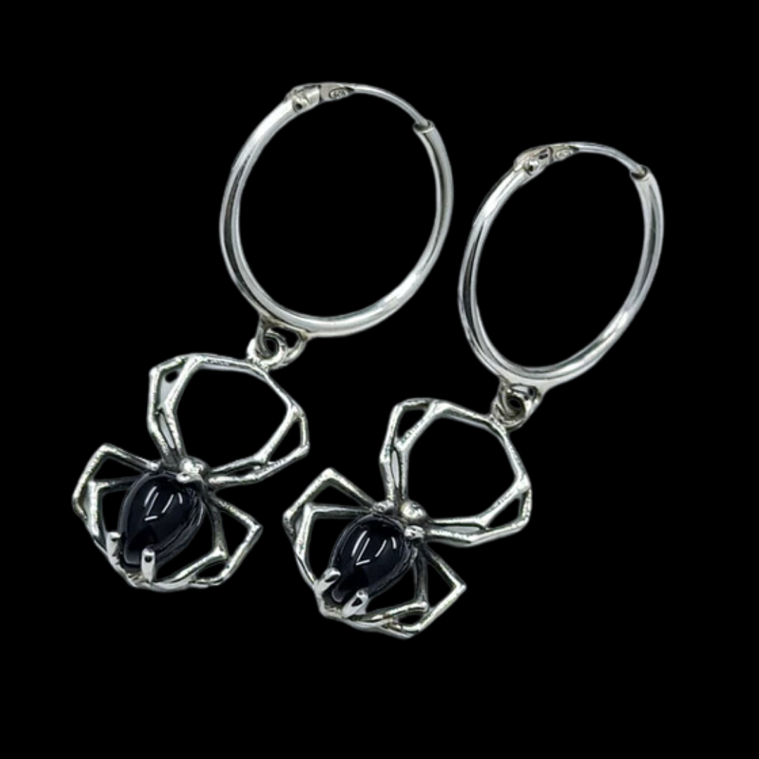 Collection of Black Spider Hoops Earrings in a gallery layout