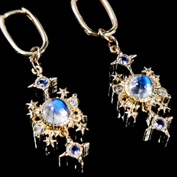 Collection of Alignement Dangle Hoop Earrings - Gold, Rainbow Moonstone, Tanzanite & Diamond in a gallery layout