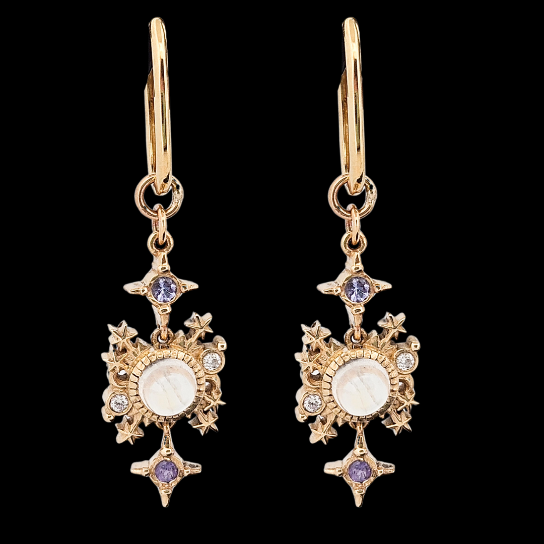 Collection of Alignement Dangle Hoop Earrings - Gold, Rainbow Moonstone, Tanzanite & Diamond in a gallery layout