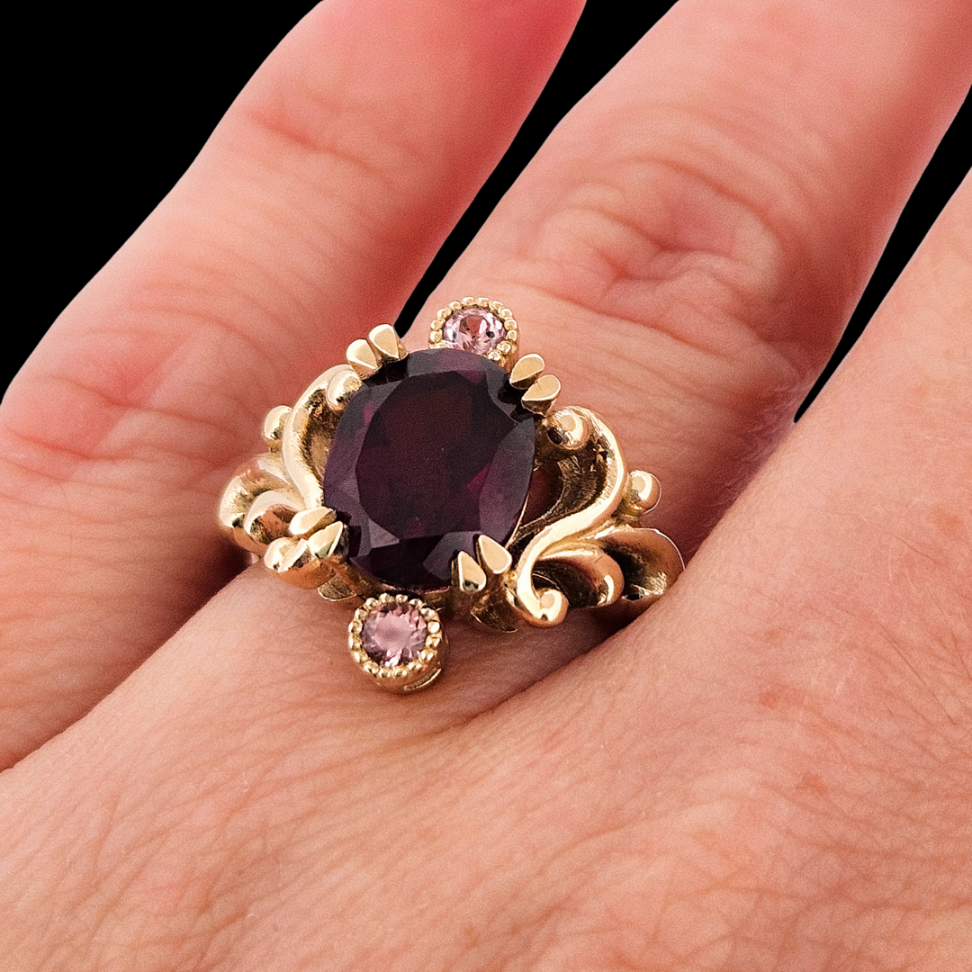 Collection of Baroque Dream Ring - Gold, Rhondolite Garnet & Color Change Gems in a gallery layout