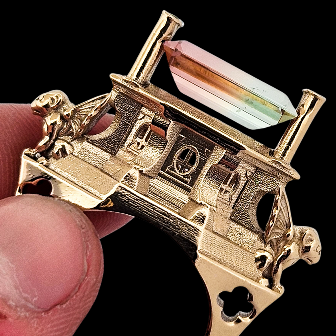 Collection of The Protectors - Gargoyles - 14K Yellow Gold, Bi-Color Tourmaline, Morganite and Apple Green Tourmaline Statement Ring in a gallery layout