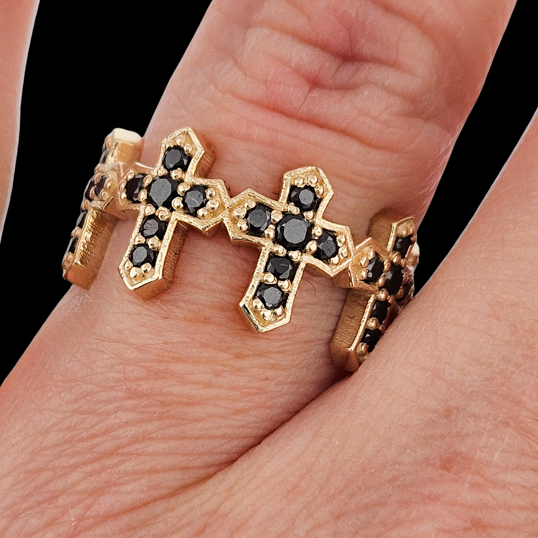 Collection of Protected Sacred Circle Ring - Gold and Black Diamonds - Eternity Cross Ring in a gallery layout