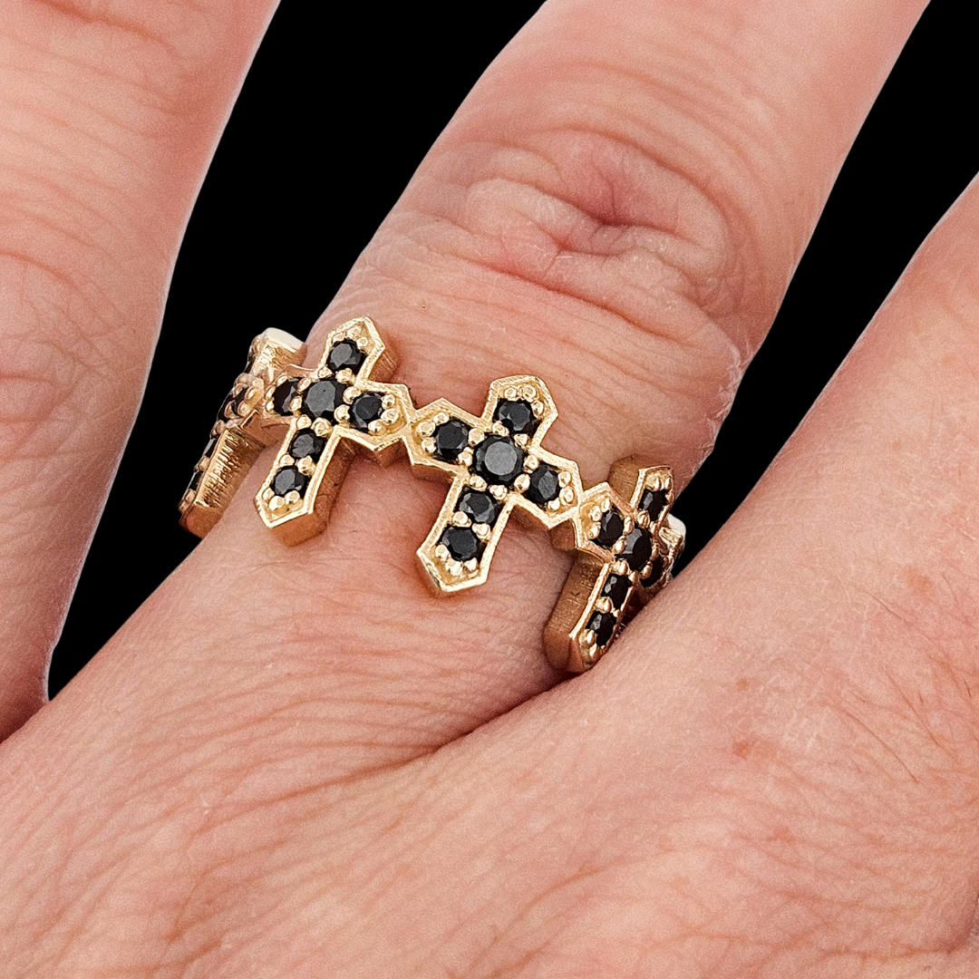 Collection of Protected Sacred Circle Ring - Gold and Black Diamonds - Eternity Cross Ring in a gallery layout