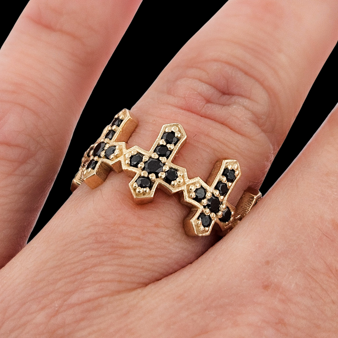 Collection of Protected Sacred Circle Ring - Gold and Black Diamonds - Eternity Cross Ring in a gallery layout