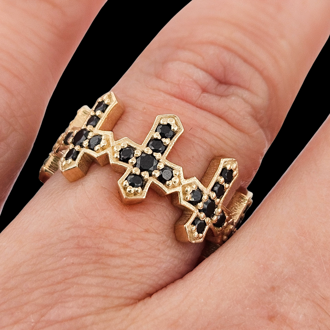 Collection of Protected Sacred Circle Ring - Gold and Black Diamonds - Eternity Cross Ring in a gallery layout