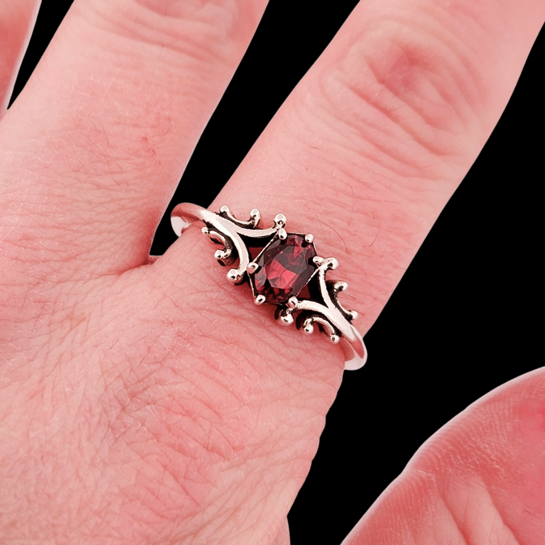 Collection of Small Temple Ring Sterling Silver Red Garnet- Gemstone Options in a gallery layout