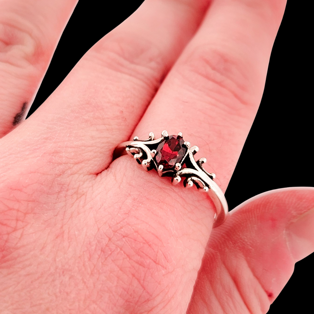 Collection of Small Temple Ring Sterling Silver Red Garnet- Gemstone Options in a gallery layout