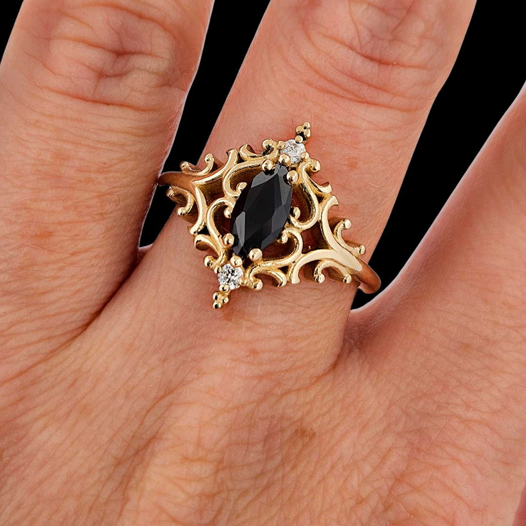 Collection of La Marquise Ring - Gold, Black Onyx and Diamonds in a gallery layout