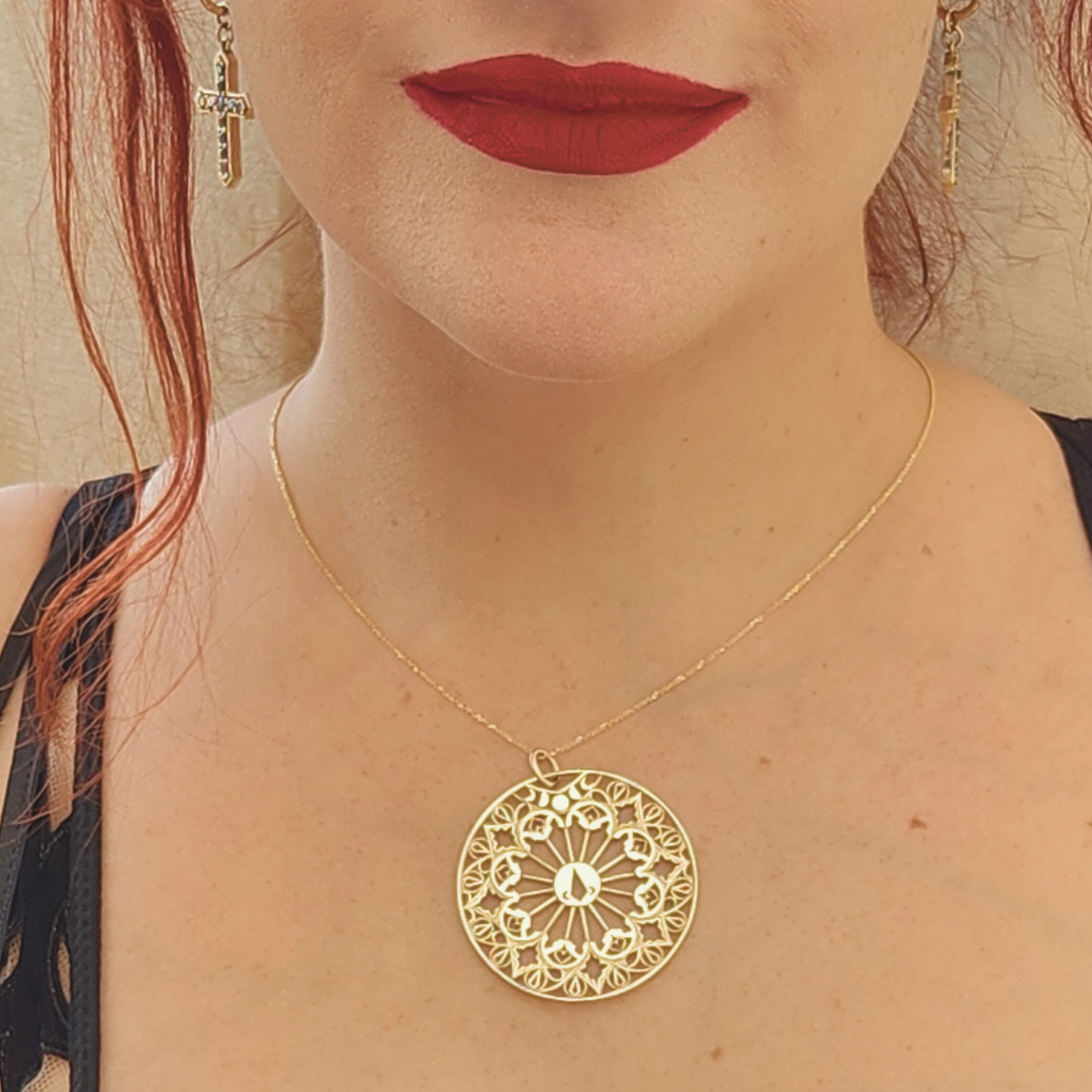 Collection of Stained Glass Moon Cathedral Disc Pendant & Chain in a gallery layout