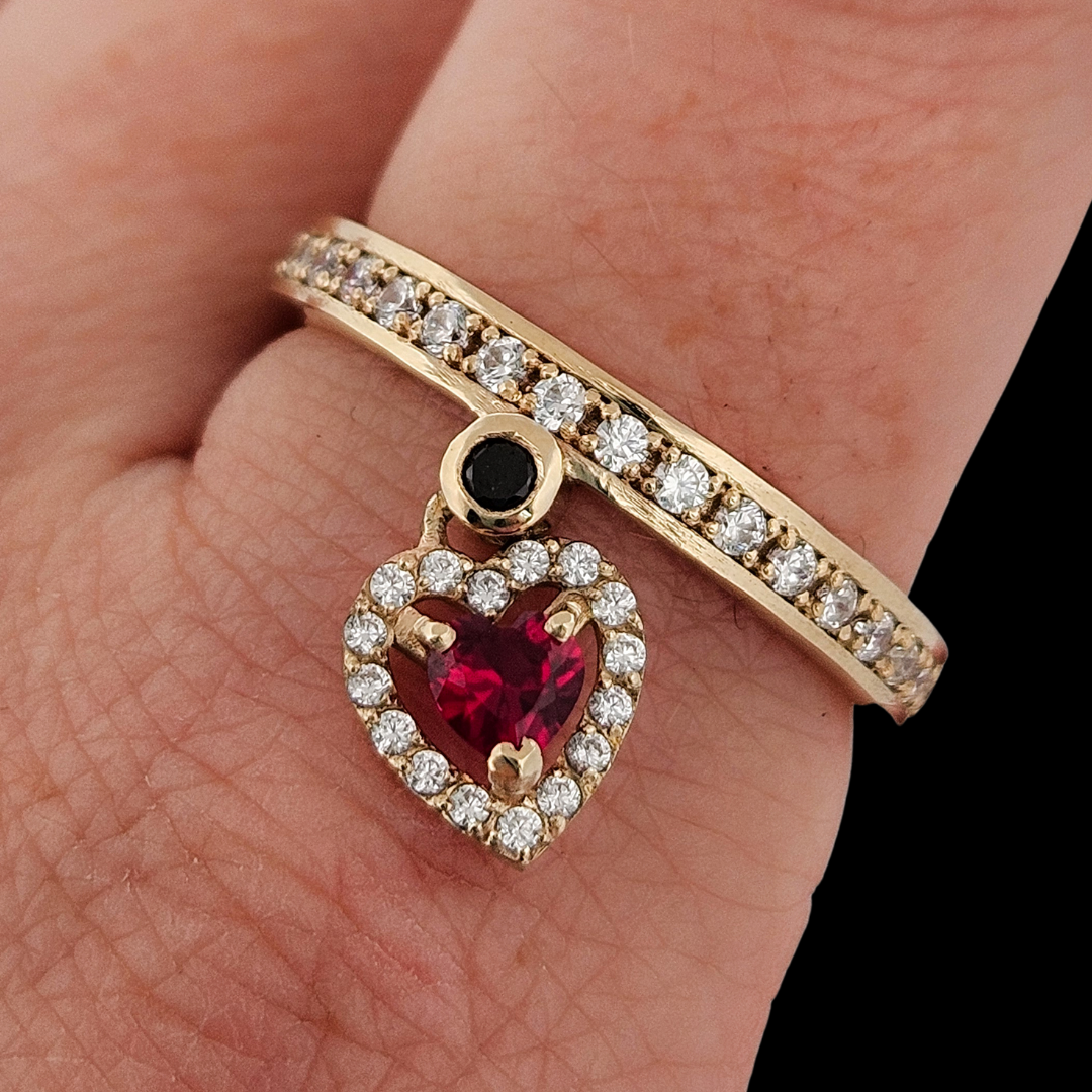 Collection of Locked and Loved Dangling Heart Eternity Ring - Ruby, Diamonds and Gold in a gallery layout