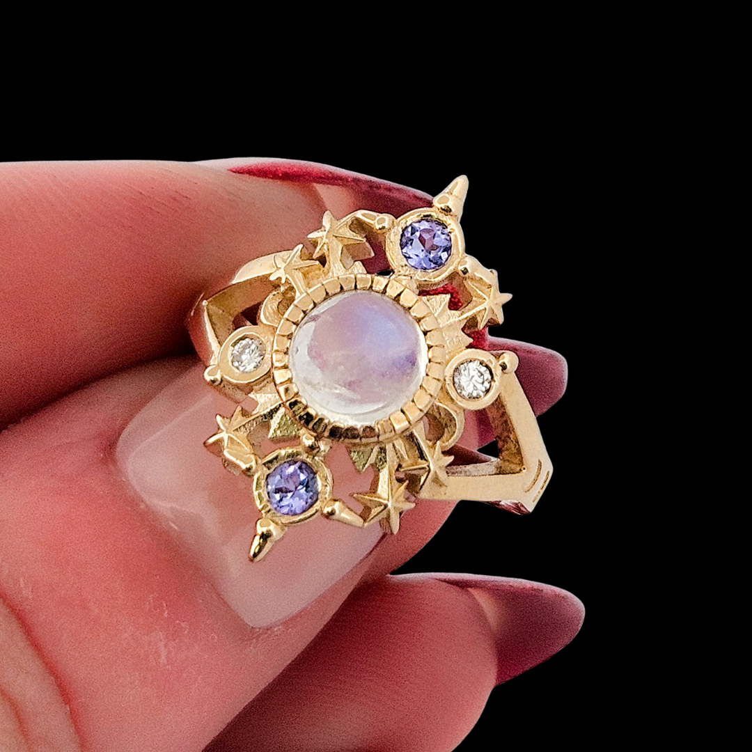 Collection of Alignement Ring - Gold, Rainbow Moonstone, Tanzanite and Diamond in a gallery layout
