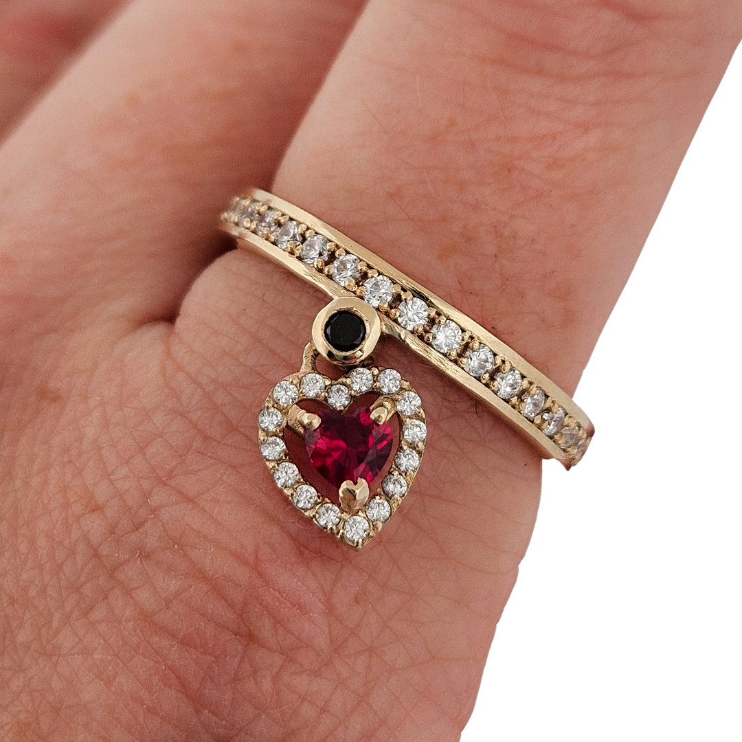 Collection of Locked and Loved Dangling Heart Eternity Ring - Ruby, Diamonds and Gold in a gallery layout