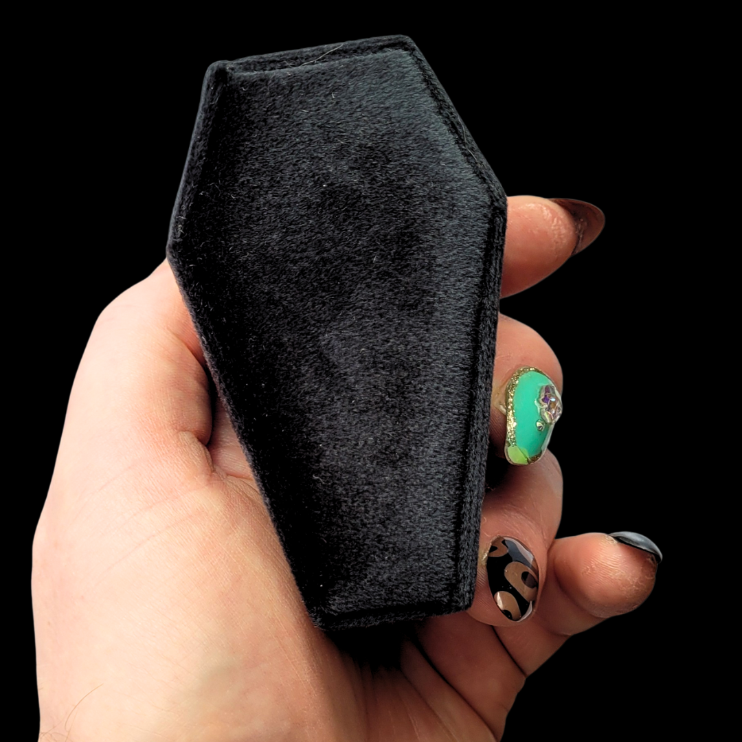 Collection of Black Coffin Velvet Ring Box in a gallery layout