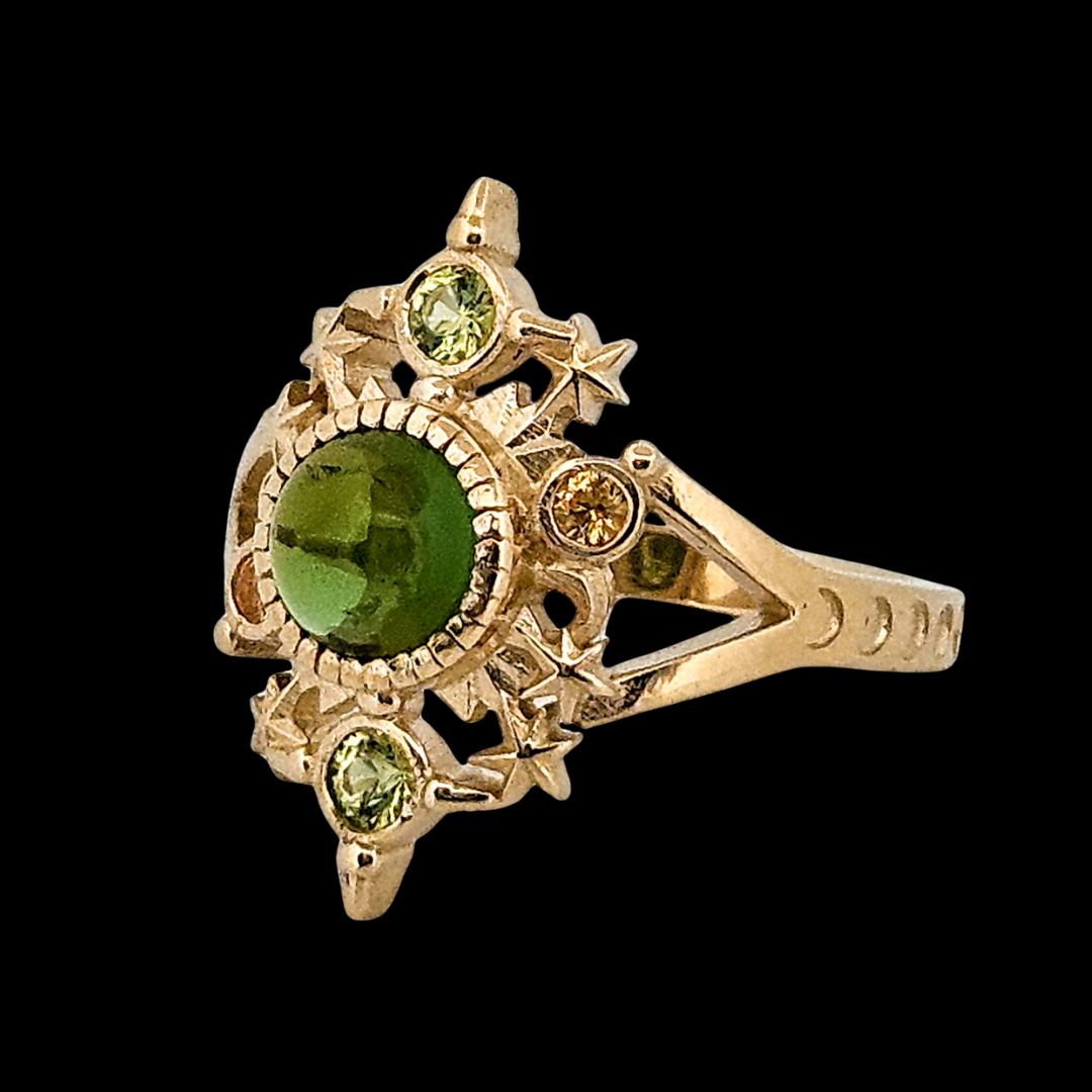 Collection of Alignement Ring - Gold, Green Tourmaline, Peridot and Yellow Sapphires in a gallery layout