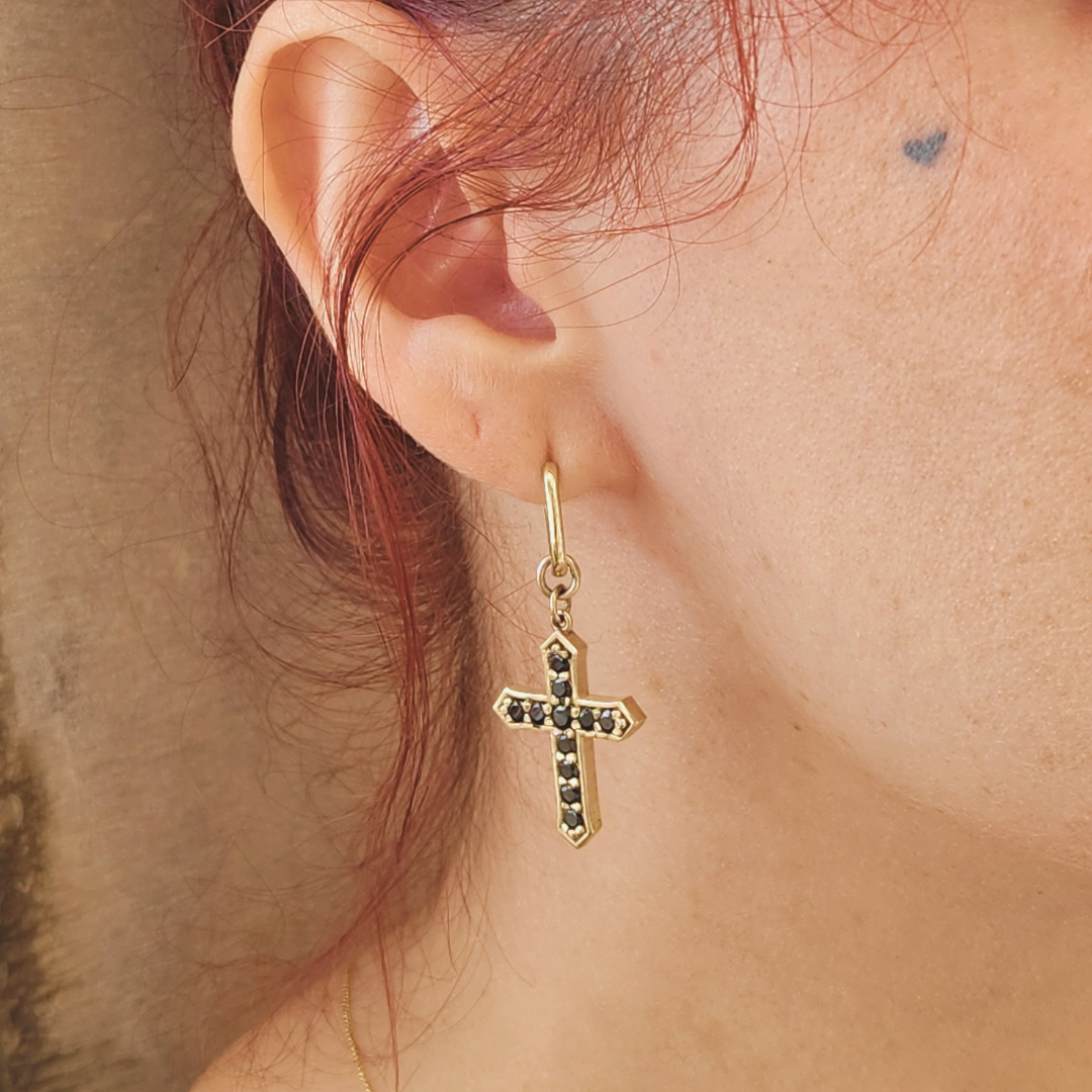 Collection of Protected Dangle Cross Earrings - Gold and Black Diamond in a gallery layout