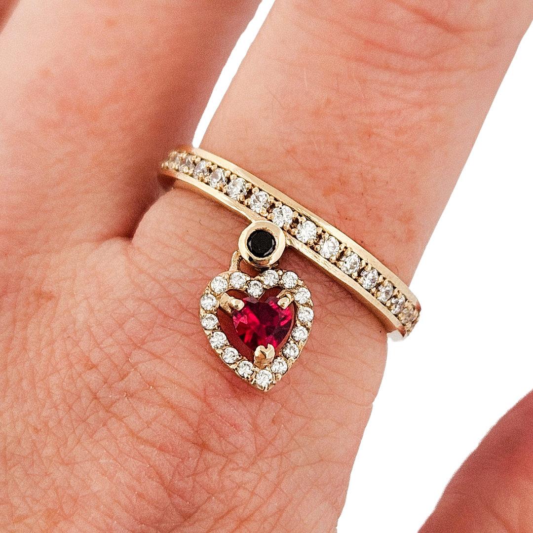 Collection of Locked and Loved Dangling Heart Eternity Ring - Ruby, Diamonds and Gold in a gallery layout