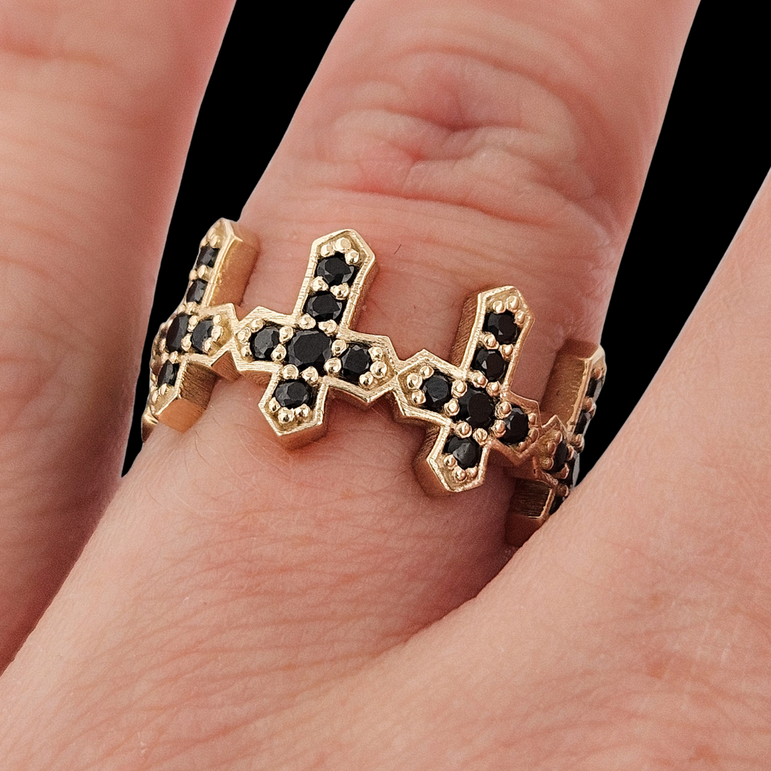 Collection of Protected Sacred Circle Ring - Gold and Black Diamonds - Eternity Cross Ring in a gallery layout