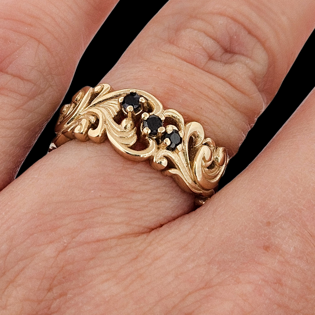Collection of Delicate Rococo Ring Band - Gold and Black Diamonds in a gallery layout