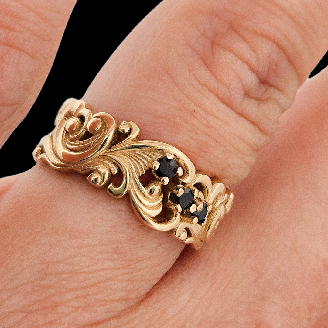 Collection of Delicate Rococo Ring Band - Gold and Black Diamonds in a gallery layout