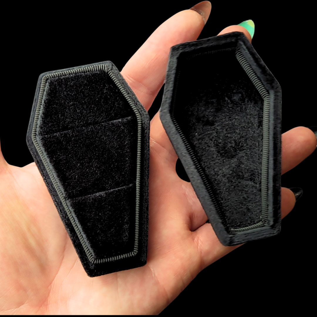 Collection of Black Coffin Velvet Ring Box in a gallery layout