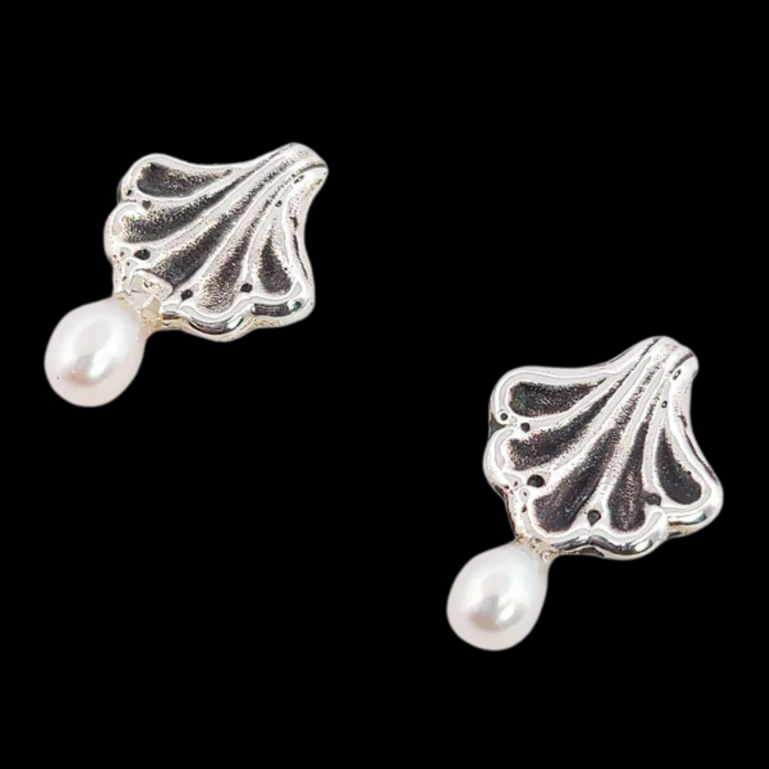 Collection of Minimal Small Baroque Shell Earrings With White Pearls in a gallery layout