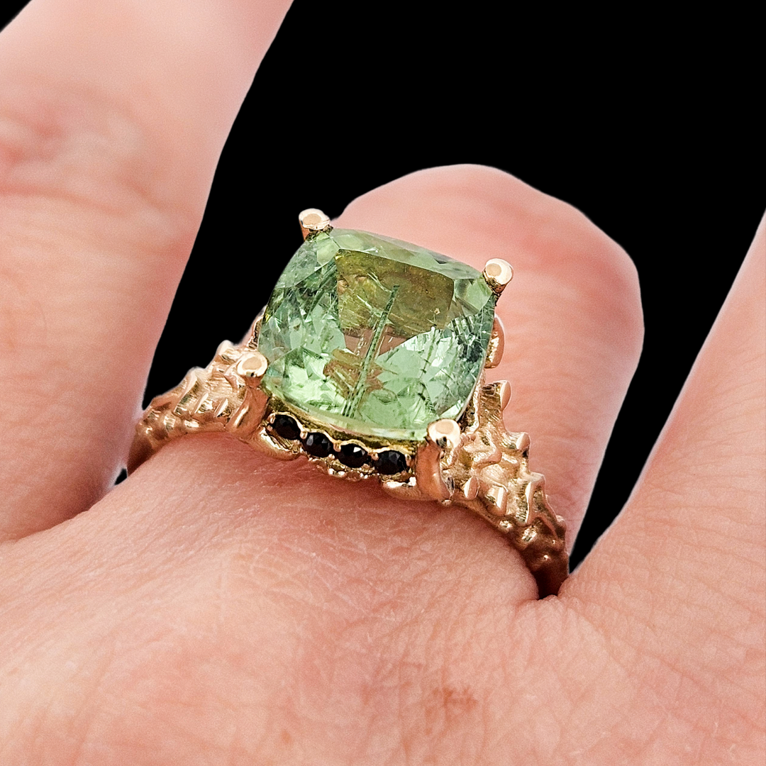 Collection of Death and Disco Gold Ring N2 - Green Tourmaline & Black Diamonds in a gallery layout