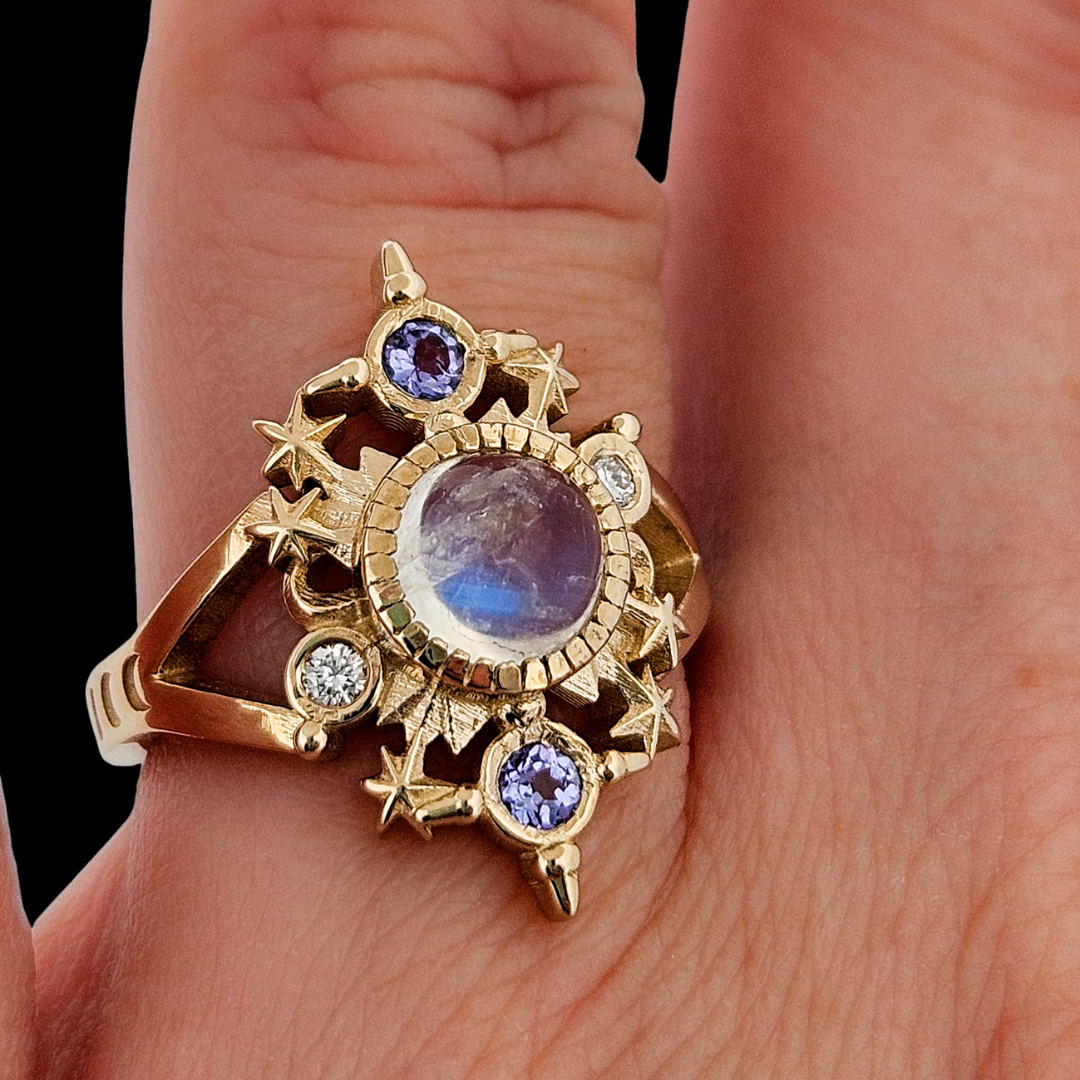 Collection of Alignement Ring - Gold, Rainbow Moonstone, Tanzanite and Diamond in a gallery layout