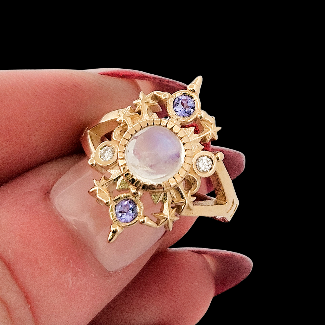 Collection of Alignement Ring - Gold, Rainbow Moonstone, Tanzanite and Diamond in a gallery layout