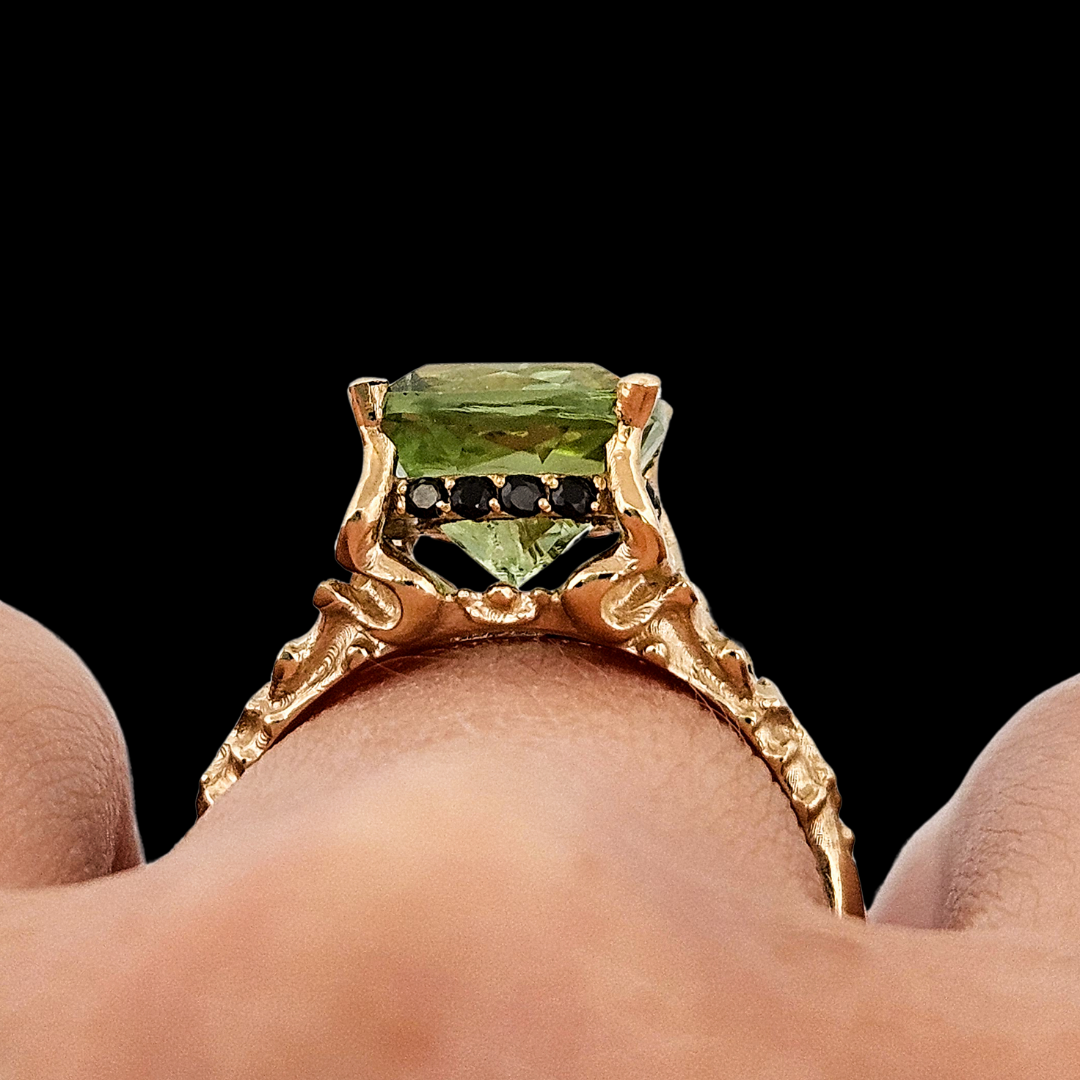 Collection of Death and Disco Gold Ring N2 - Green Tourmaline & Black Diamonds in a gallery layout