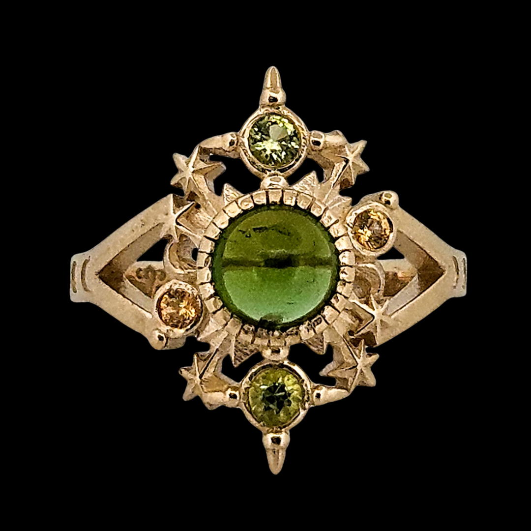 Collection of Alignement Ring - Gold, Green Tourmaline, Peridot and Yellow Sapphires in a gallery layout