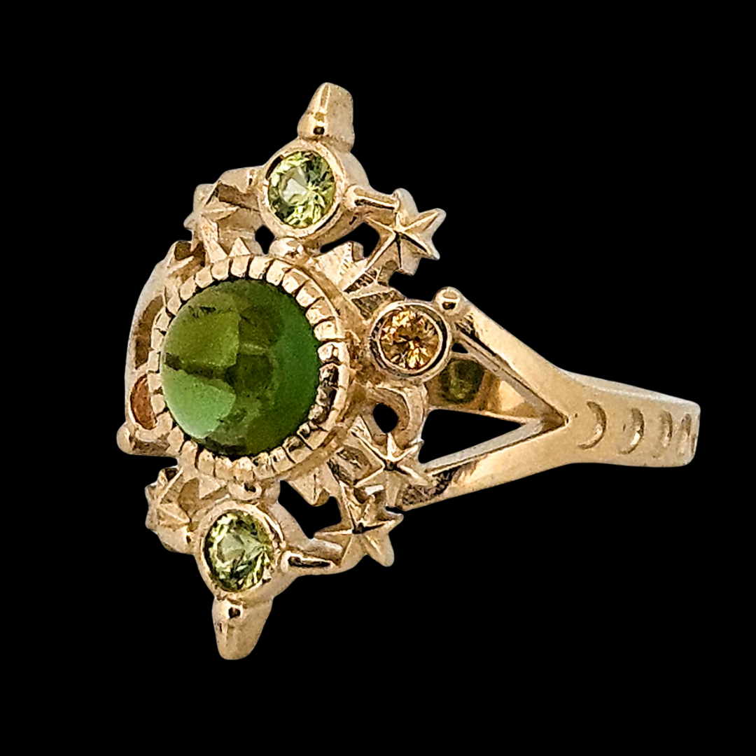 Collection of Alignement Ring - Gold, Green Tourmaline, Peridot and Yellow Sapphires in a gallery layout