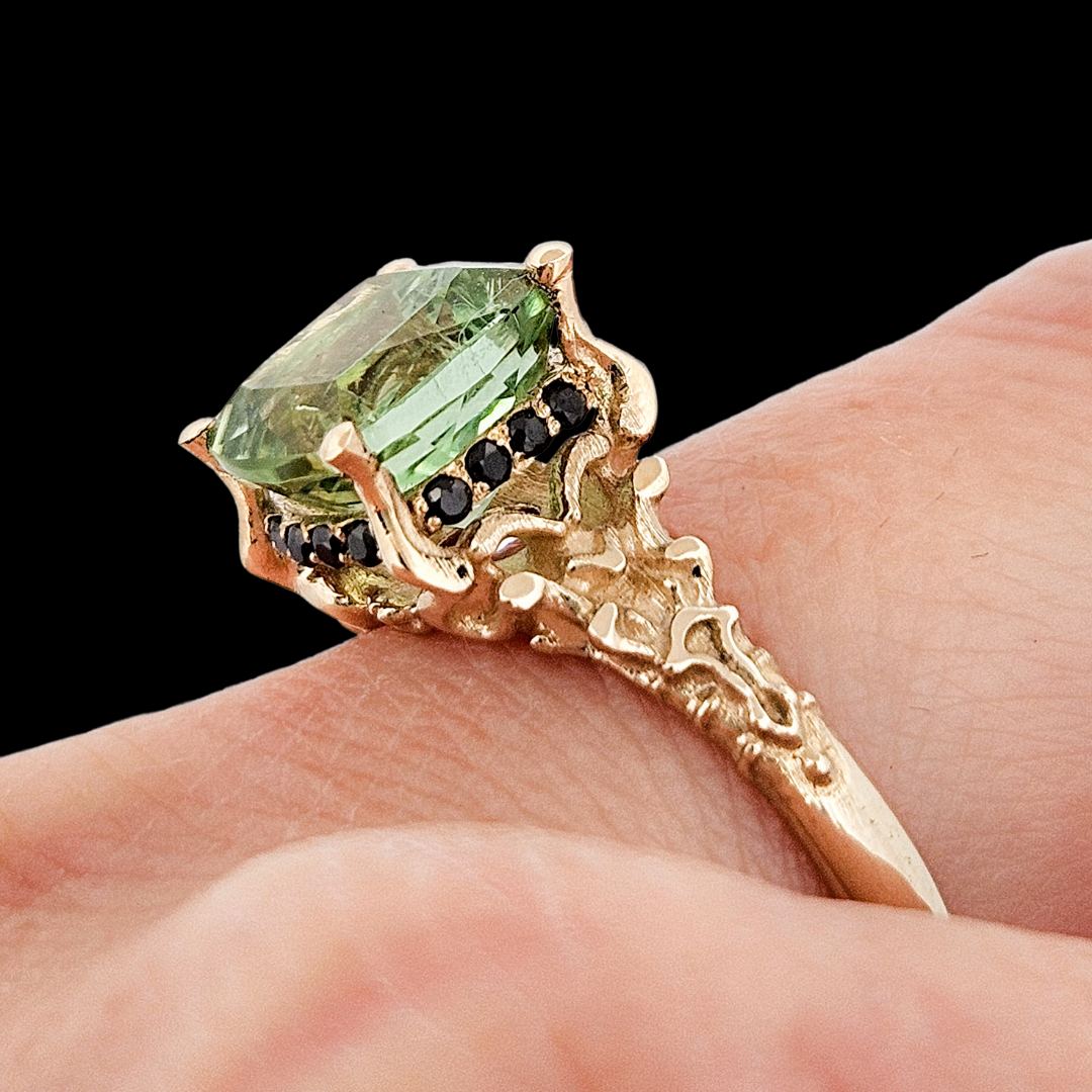 Collection of Death and Disco Gold Ring N2 - Green Tourmaline & Black Diamonds in a gallery layout