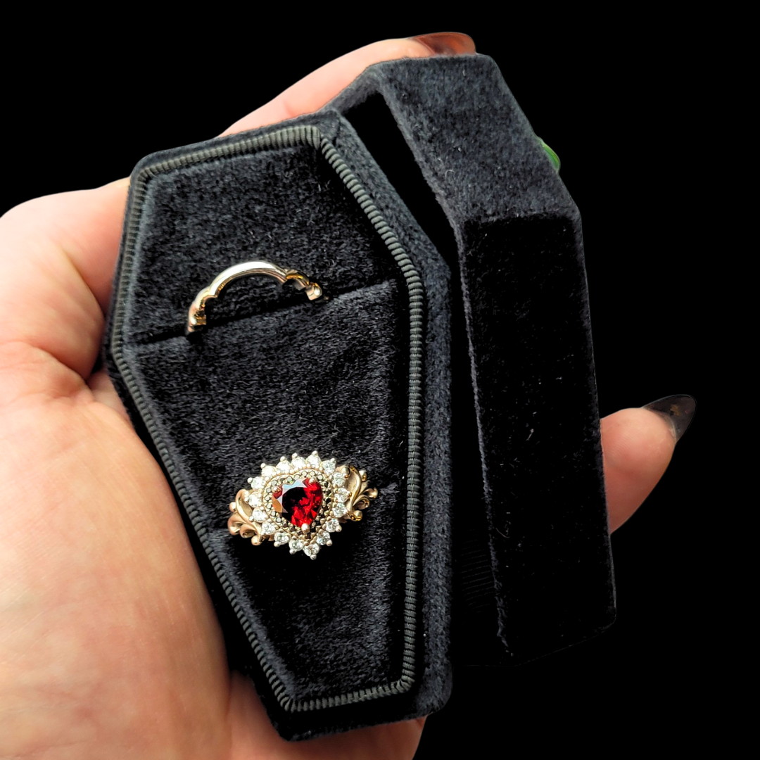Collection of Black Coffin Velvet Ring Box in a gallery layout