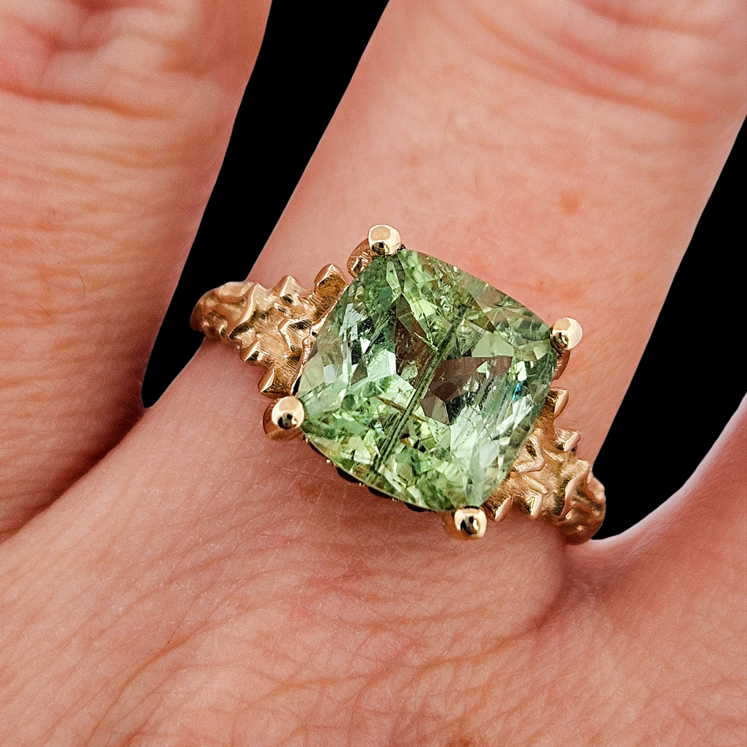 Collection of Death and Disco Gold Ring N2 - Green Tourmaline & Black Diamonds in a gallery layout