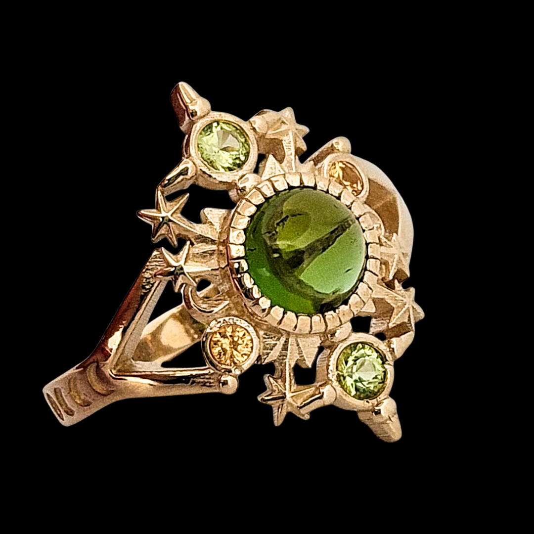 Collection of Alignement Ring - Gold, Green Tourmaline, Peridot and Yellow Sapphires in a gallery layout