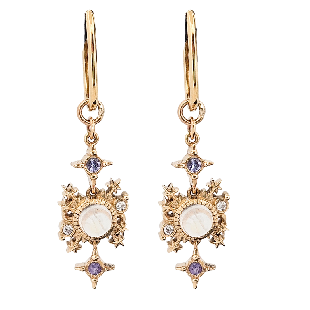 Collection of Alignement Dangle Hoop Earrings - Gold, Rainbow Moonstone, Tanzanite & Diamond in a gallery layout