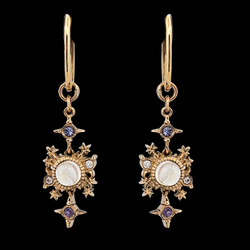 Collection of Alignement Dangle Hoop Earrings - Gold, Rainbow Moonstone, Tanzanite & Diamond in a gallery layout