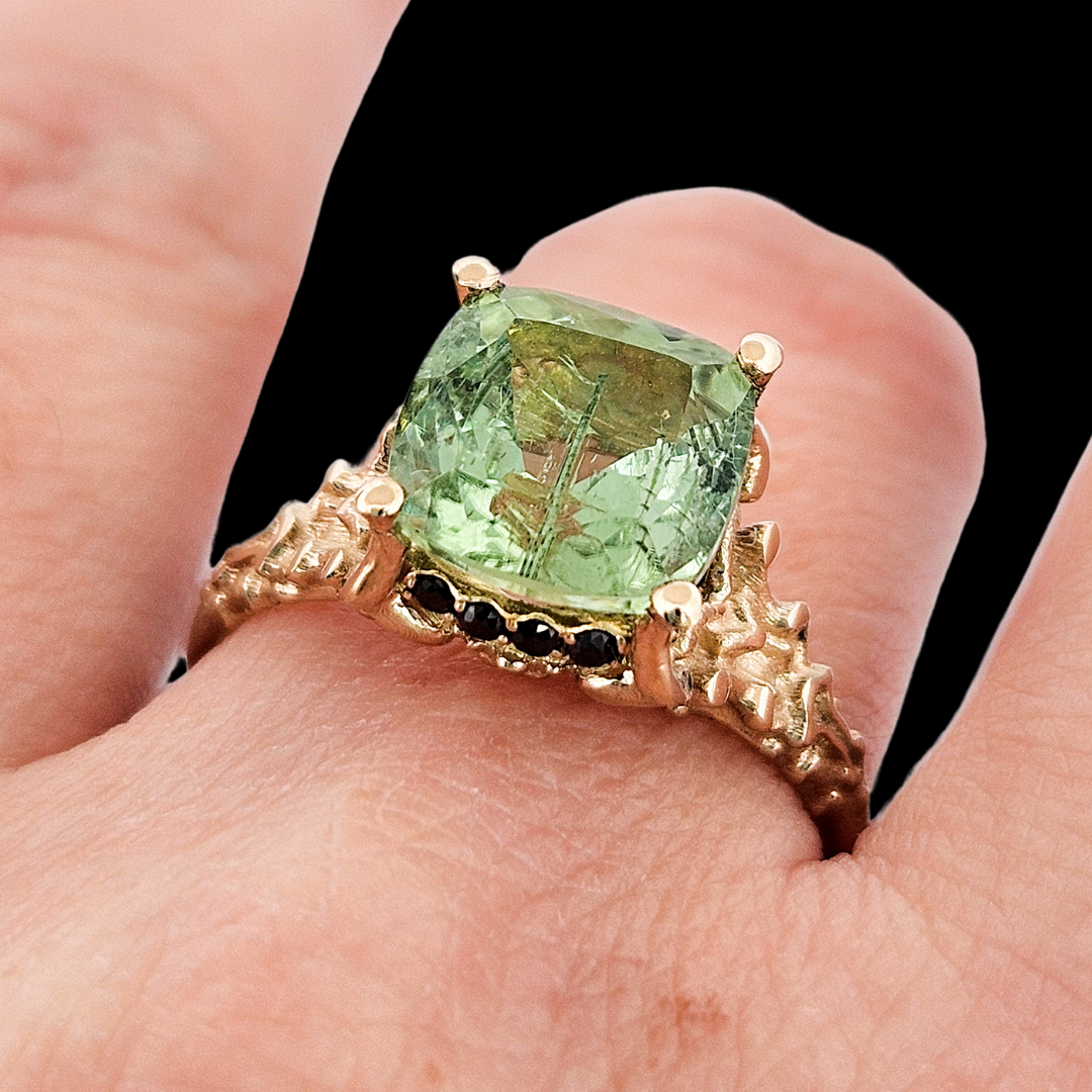 Collection of Death and Disco Gold Ring N2 - Green Tourmaline & Black Diamonds in a gallery layout