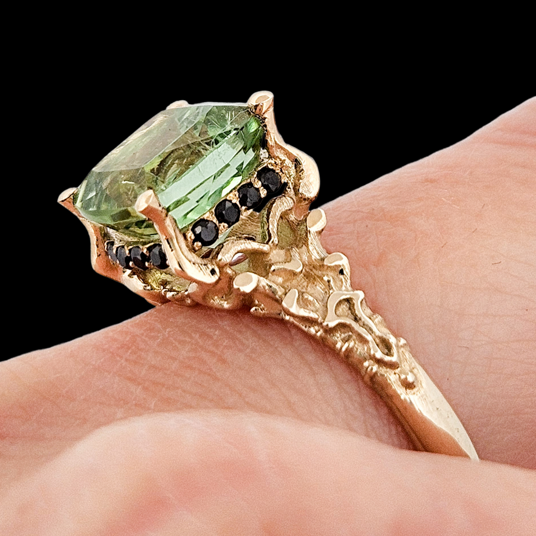 Collection of Death and Disco Gold Ring N2 - Green Tourmaline & Black Diamonds in a gallery layout