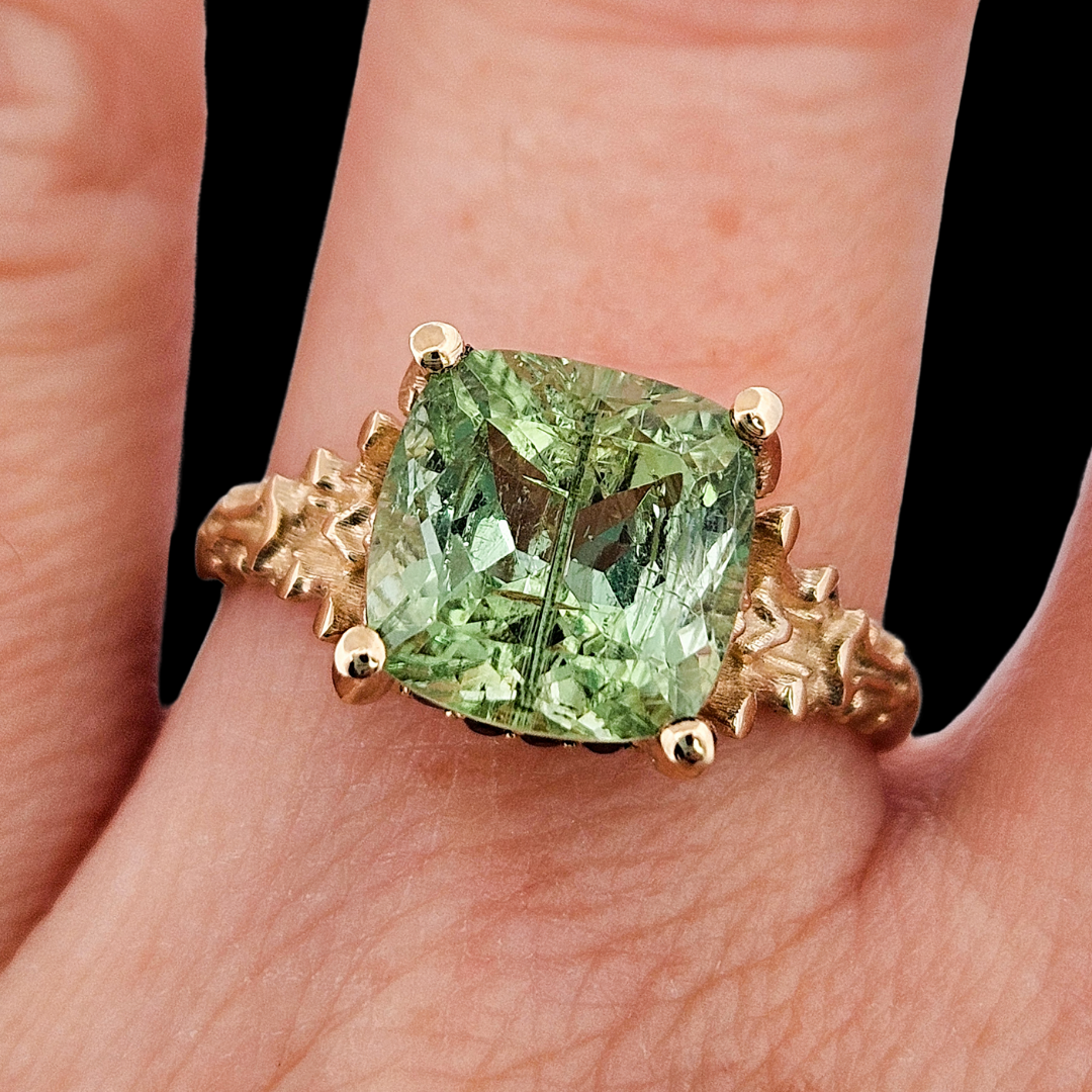 Collection of Death and Disco Gold Ring N2 - Green Tourmaline & Black Diamonds in a gallery layout