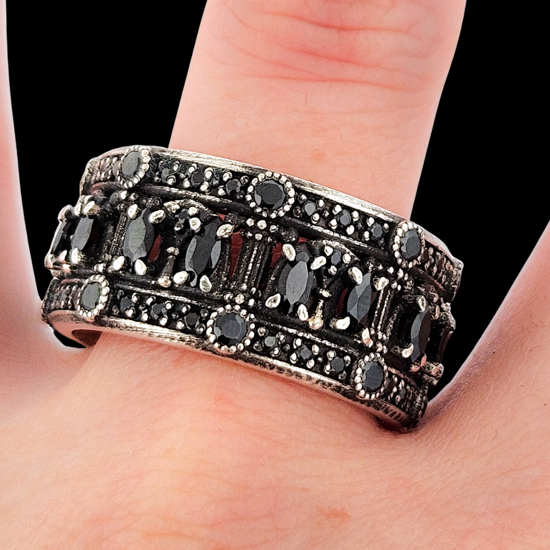 Collection of Worship Me Ring Band - Sterling Silver and Black Gems in a gallery layout