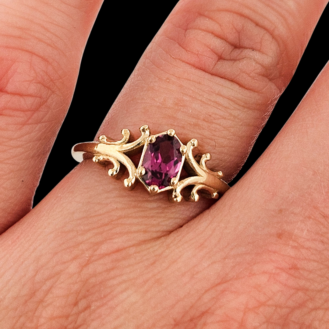 Collection of Small Temple Delicate Gothic Ring - Gold and Ruby in a gallery layout