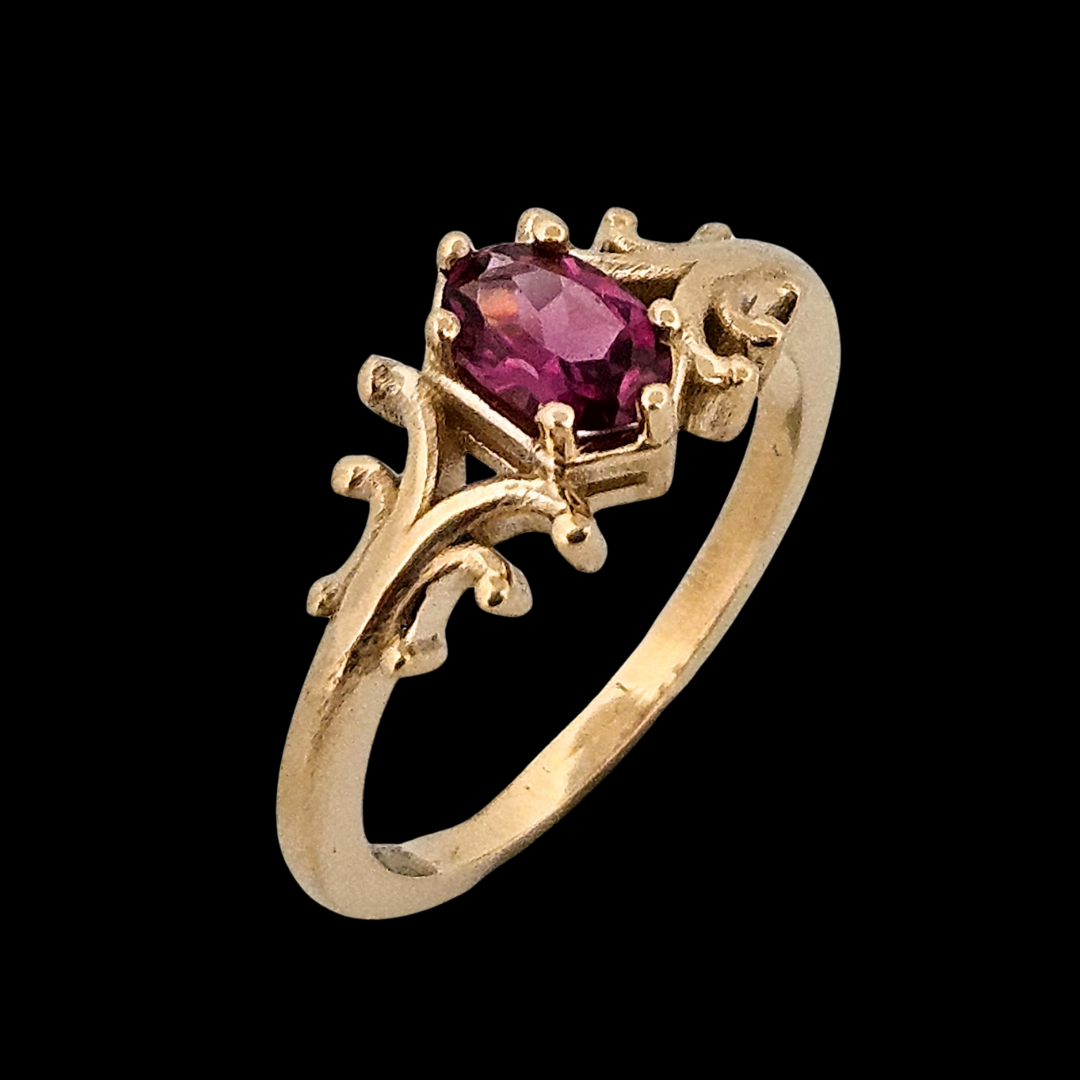 Collection of Small Temple Delicate Gothic Ring - Gold and Ruby in a gallery layout