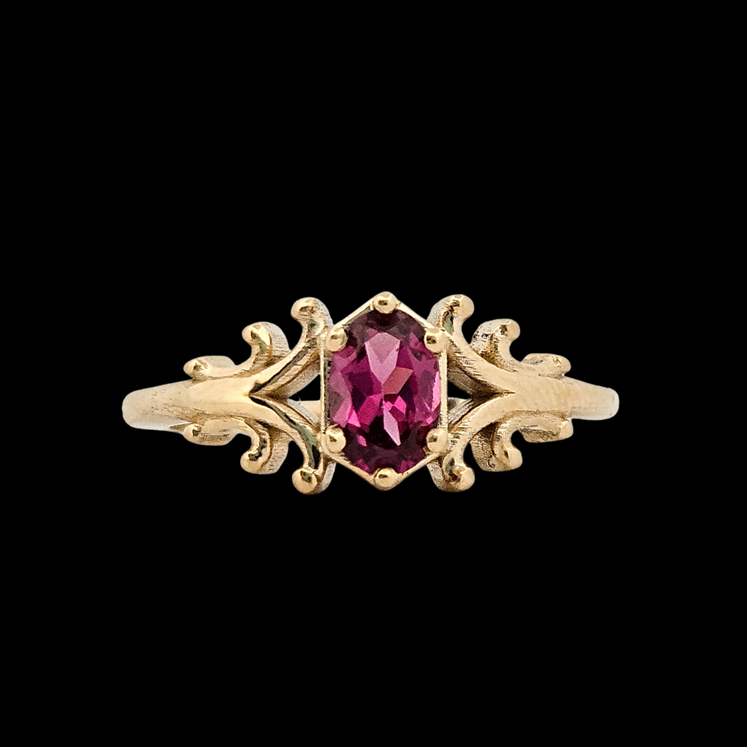 Collection of Small Temple Delicate Gothic Ring - Gold and Ruby in a gallery layout