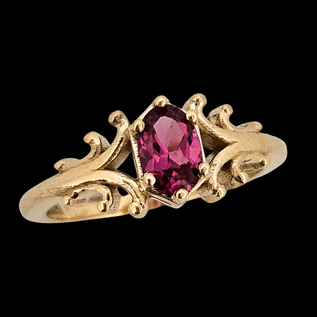 Collection of Small Temple Delicate Gothic Ring - Gold and Ruby in a gallery layout