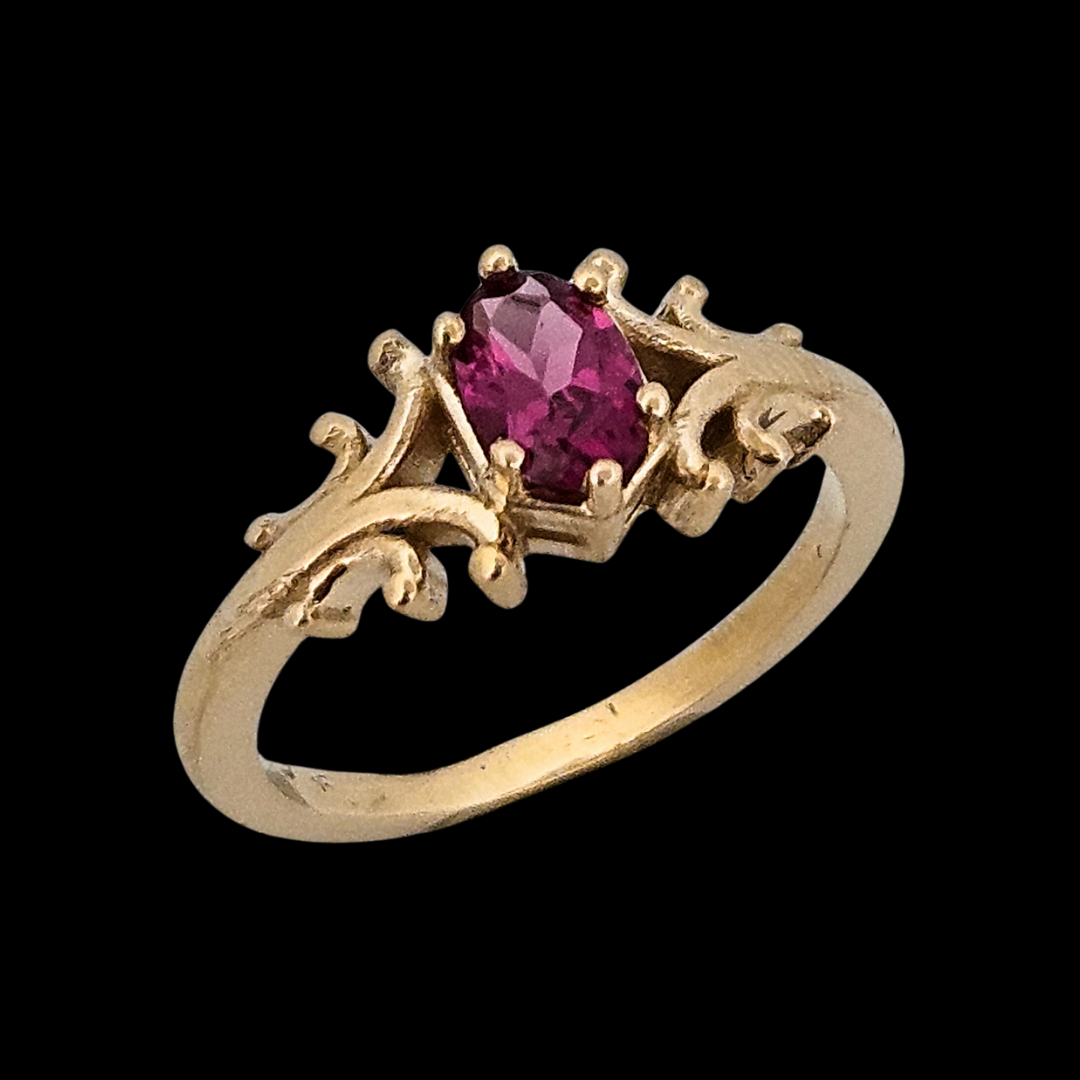 Collection of Small Temple Delicate Gothic Ring - Gold and Ruby in a gallery layout
