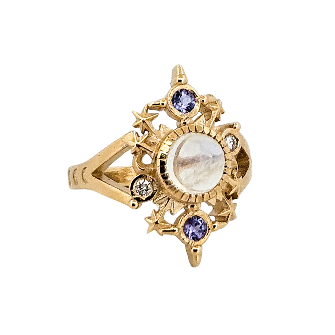 Collection of Alignement Ring - Gold, Rainbow Moonstone, Tanzanite and Diamond in a gallery layout